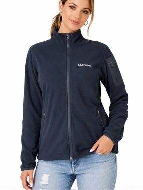 Marmot fleece jacket black full zip thumb holes active wear chore running SZ SM